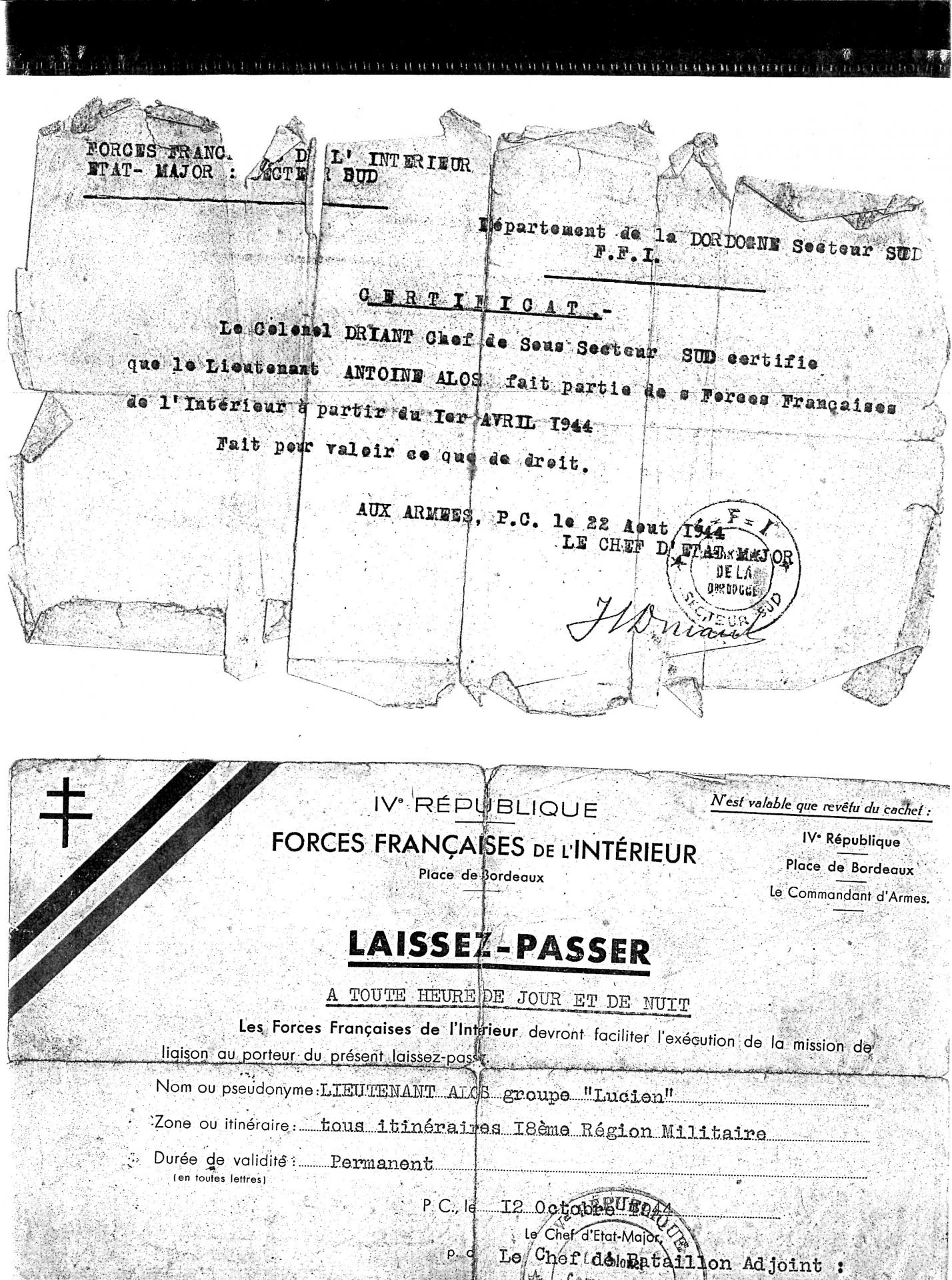 Laisser passer certificat ffi 1944 012